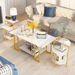 Coffee Table Set of 3,Rectangle Coffee Table&2 Accent Table,Faux Marble Tabletop,3 Piece Living Room Table Sets with Multi Tier Storage, for Small Spa