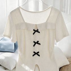 Women Tshirt soft cream square neckline with three black bow