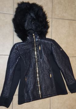 LIKE NEW MICHAEL KORS MK WOMENS BLACK GOLD FAUX FUR QUILTED HOODED PUFFER COAT JACKET