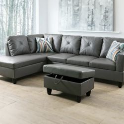Gray Leather Sectional Couch And Ottoman