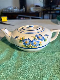 Vintage Japan Japanese tea pot, Creamer, Sugar Bowl Blue flowers with Blue Trim