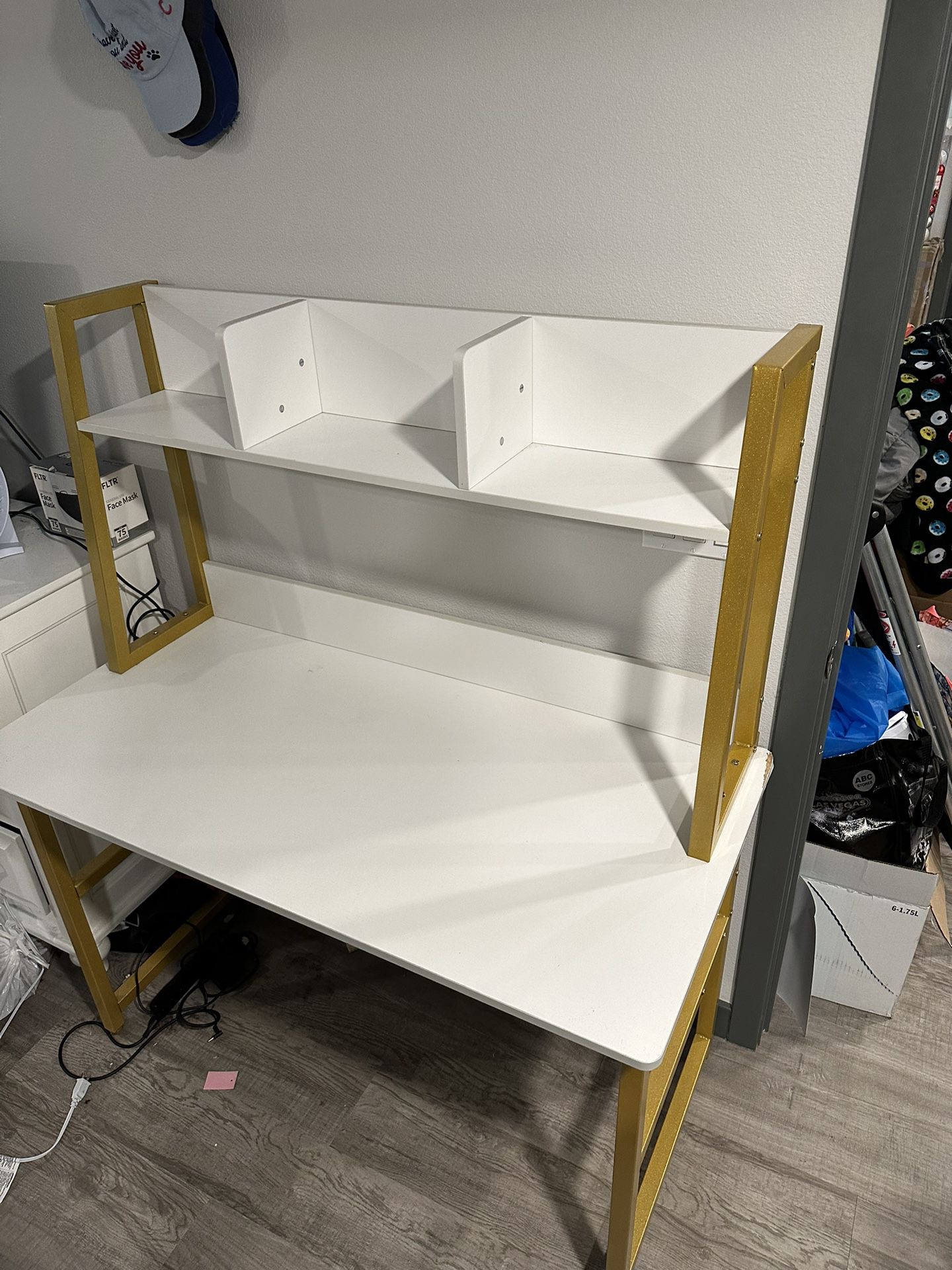 White and Gold Desk With Shelves