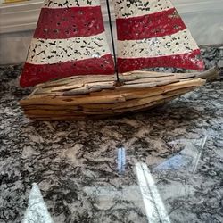 Driftwood Sail Boat With Metal Sails 19” L 17” H 