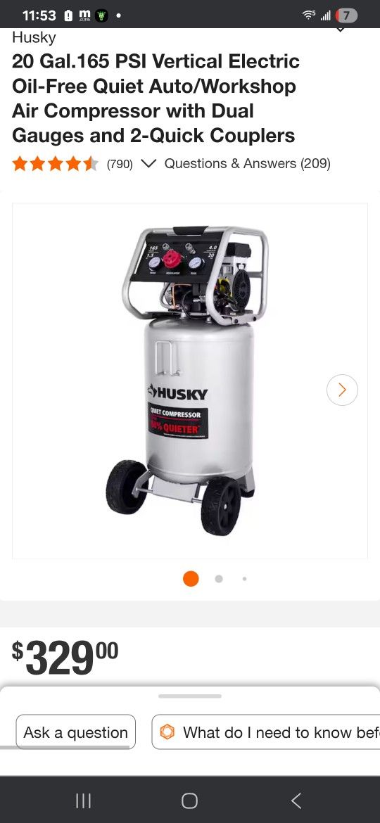 Quite Stand Up Husky 20 Gallo Air Compressor