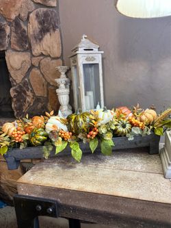 Ht-6.5in width-27in HANDMADE artificial pumpkin arrangement in a metal tray