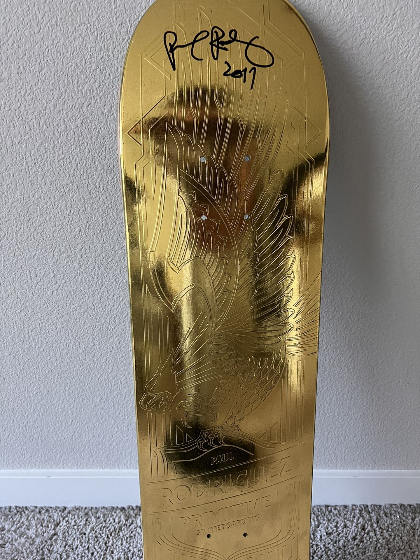 Primitive 7.75 Rare gold skateboard deck Signed by paul Rodriguez Skateboarding