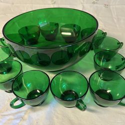 Anchor Hocking Forest Green Punch Bowl & 16 Cups
