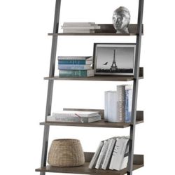 Twin Star Home 80 in. Plainview Walnut Wood 5-Shelf Leaning Bookcase Open Back