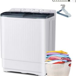 Portable Mini Twin Tub 32Lbs Washing Machine with Drying Rack & 10 Hangers, Washer(20Lbs) and Spinner(12Lbs) Combo with Timer Knob, Compact Semi-autom