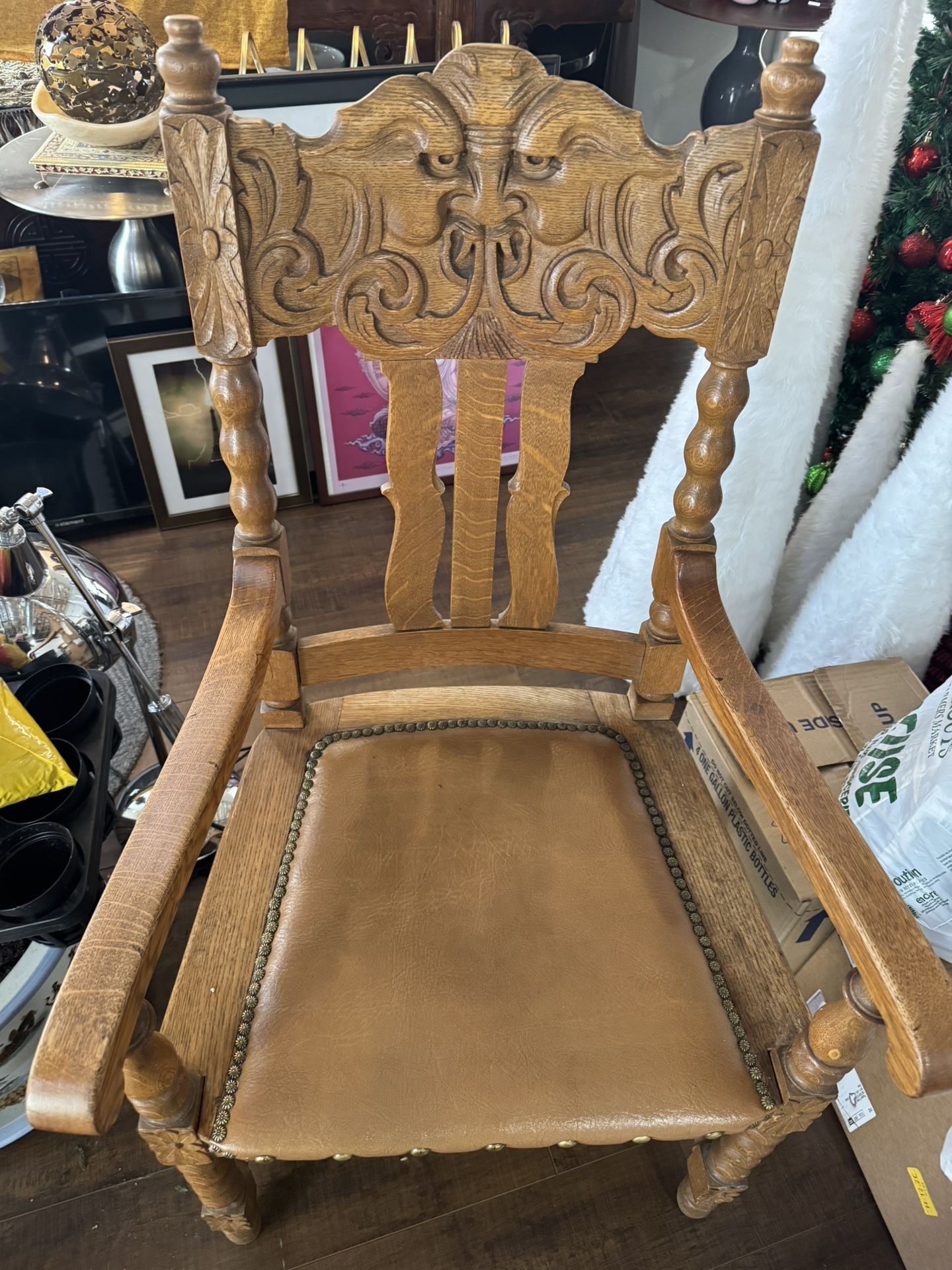Antique Carved Windface Wooden Gothic Chair