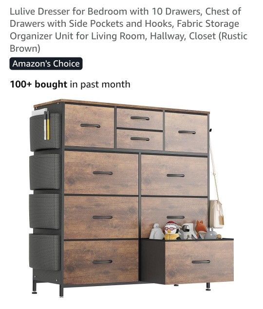 New Still In Box Price Is FIRM 10-Drawer Dresser for Bedroom with Side Pockets & Hooks, Wide Chest of Drawers with Fabric Bins & Metal Frame
