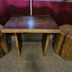 Rustic Cofee Table With Two Rustic Stump Stools