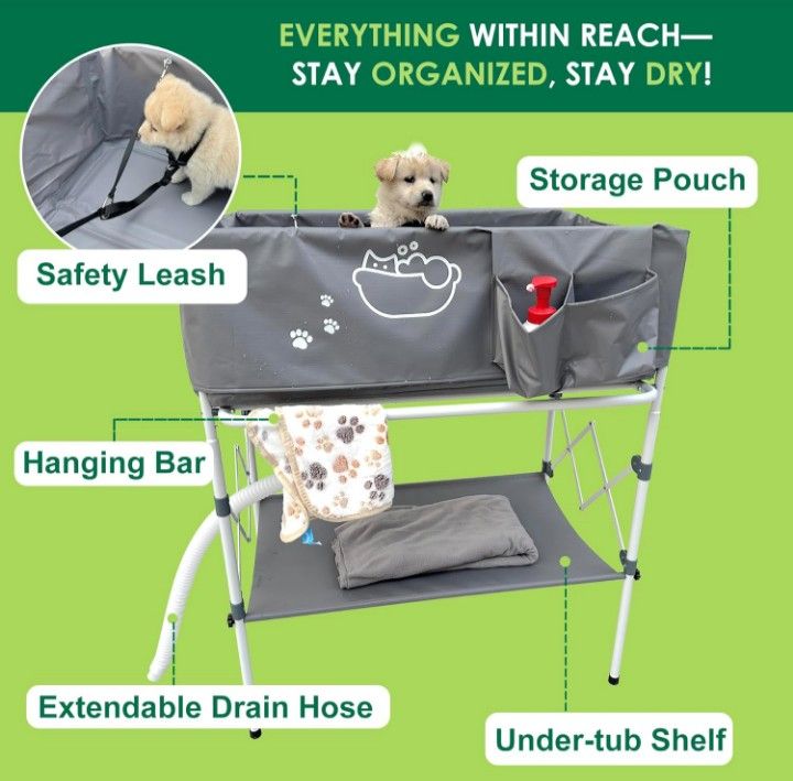 Folding Dog Washing Station with Storage & Leash - NEW