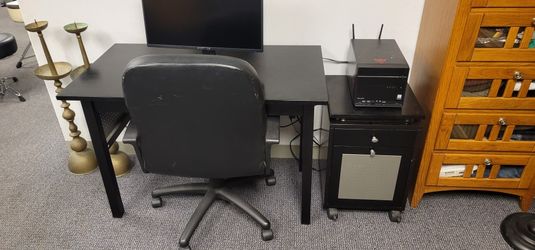 Solid Wood Desk, File Cabinet And Leather Chair