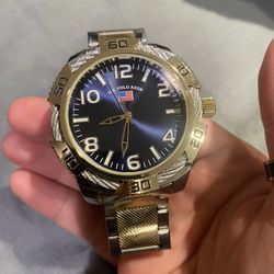 U.S. Polo Assn Men's Sport Casual Watch, Gold Strap Blue Face Silver Rope Design