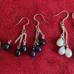 PACIFIC PEARLS THREE FRESHWATER DANGLING STERLING SILVER EARRINGS 