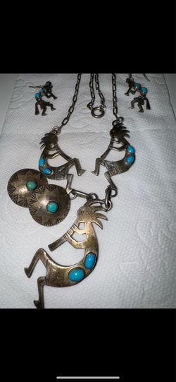 Vintage Sterling Silver Kokopelli Necklace & Earrings Set