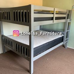 Full/Full Gray Wooden Bunk bed w. Ortho Mattresses Included 