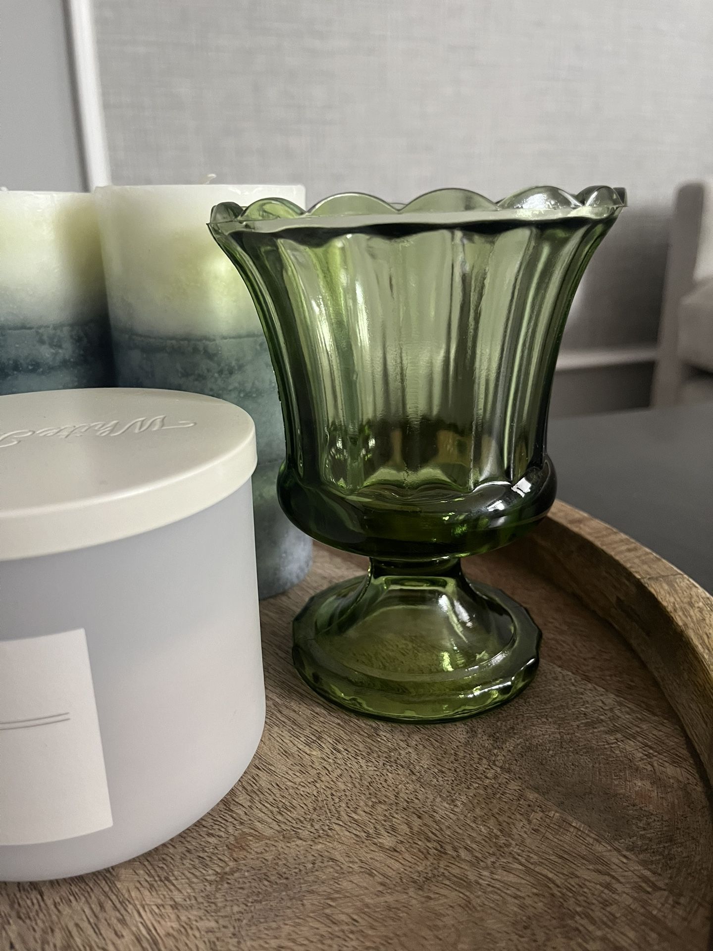 Vintage 1970's Avocado Green Glass Vase 6" tall