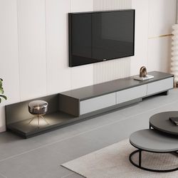 Mid-Century Modern Extendable Entertainment Center with 3 Drawers,TV Stand Adjustable from 78.7" to 130",TV Cabinet for Living Room,Grey  Extendable &
