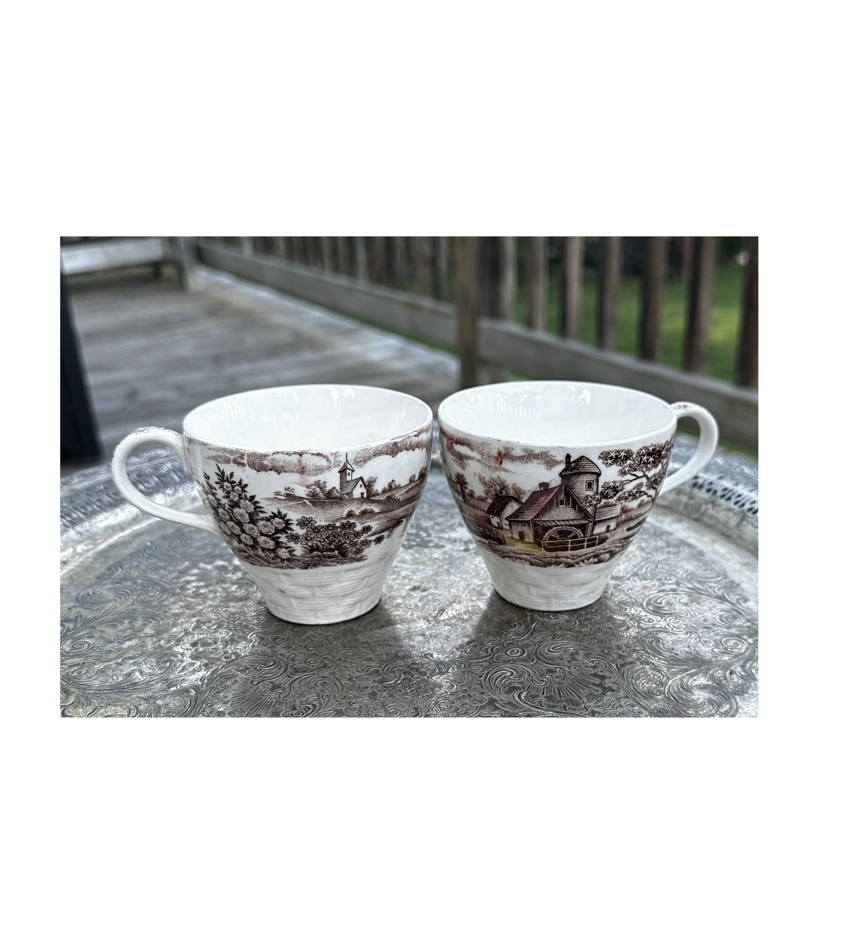 Vintage Old Mill Proof Teacups Coffee Cups  by Wales Japan 1950’s Set of 2