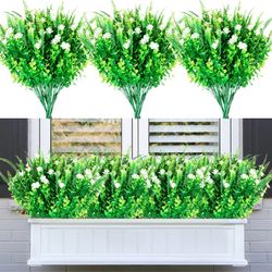 Artificial Flowers Outdoors Decoration, Lokediren 8 Bundles Fake Plants Flowers UV Resistant Faux Plastic Greenery Shrubs for Outside Patio Porch ,Win