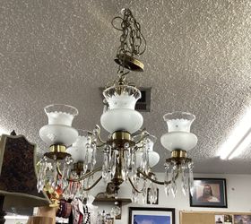 Vintage Brass Chandelier With Crystal Prisms and Frosted Glass Shades