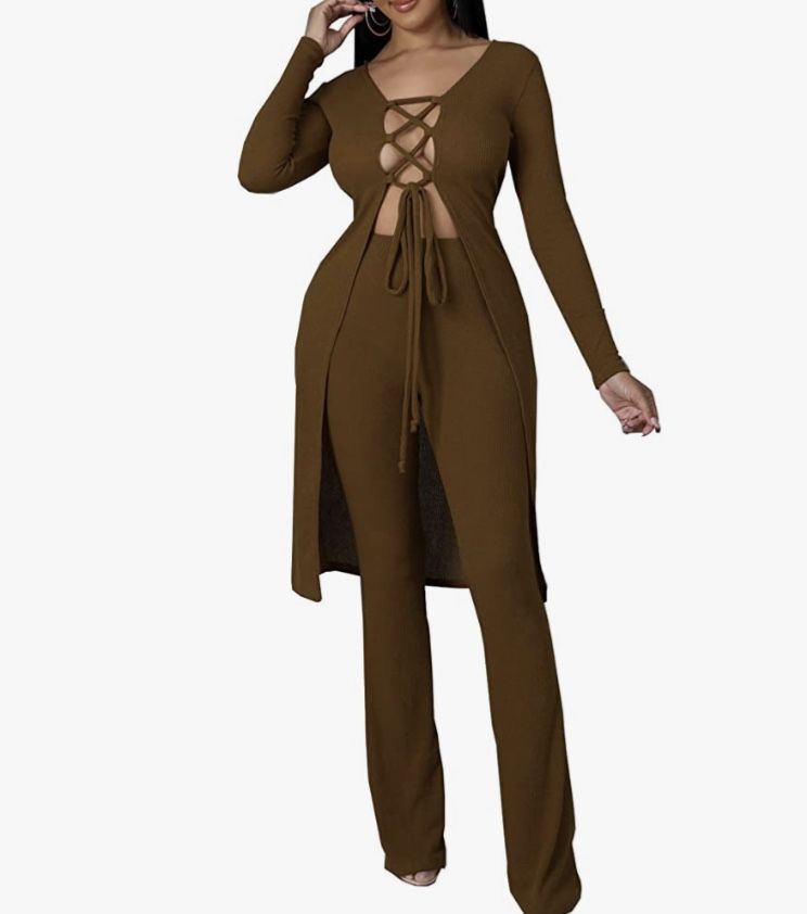 Brown 2 Pieces Lace Up Tunic Tops Shirts Cardigan Wide Leg Pants  Tracksuit Set