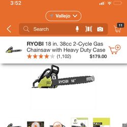 RYOBI 18 INCHES CHAINSAW 2 CICLE GAS WITH HEAVY DUTY CASE BRAND NEW