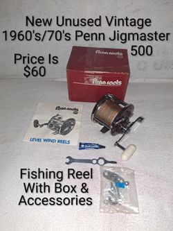 New Unused Vintage 1960's/70's Penn Jigmaster 500 Fishing Reel With Box And Accessories