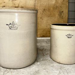 Antique Robinson Ransbottom Blue Crown Stoneware Crocks – 5 & 12 Gallon