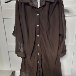 Brown Cold-Shoulder Button-Down Blouse, Womens, (Loose Medium), 