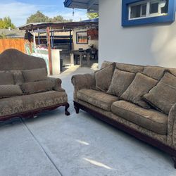 Traditional Damask Sofa and Loveseat Set with Carved Wood Trim  Best offer