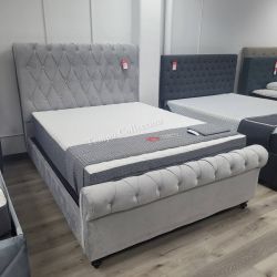 QUEEN BED, BEDROOM, VELVET ROLLED TOP TUFTED, NO FOUNDATION REQUIRED - [NEW]