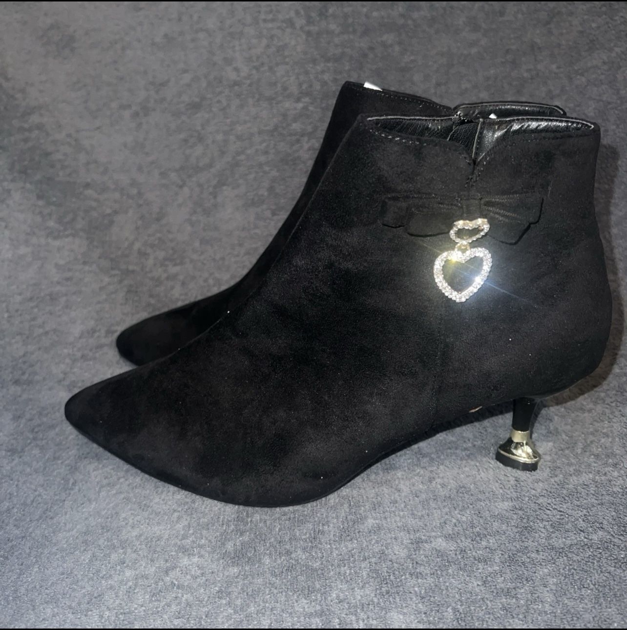 Black Suede Heels With Diamond Heart - SIZE 7