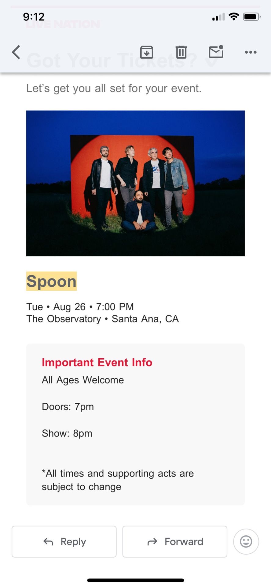 2 Spoon GA Tickets Santa Ana  26th Tuesday 