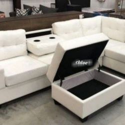 ■ASK DISCOUNT COUPON🎍 sofa Couch Loveseat Living room set sleeper recliner daybed futon ■heights White Faux Leather Reversible Sectional With Ottoman
