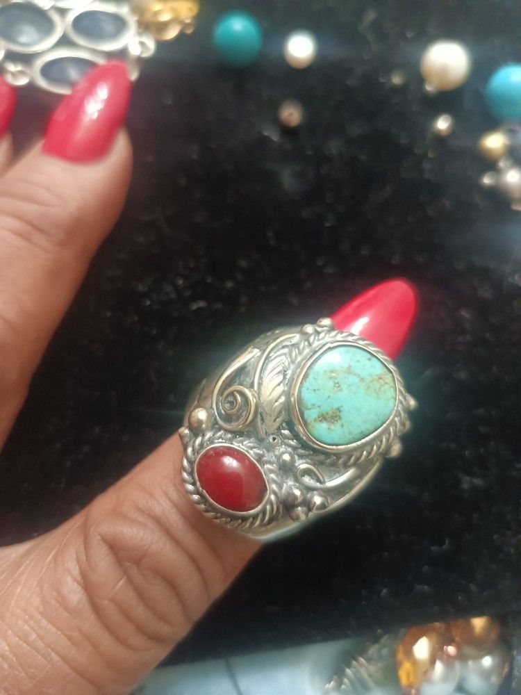 Turquoise And Coral On Sterling Silver Ring