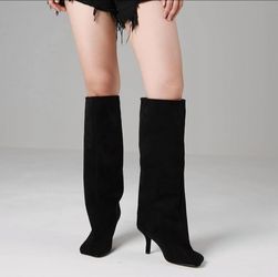 VOMIRA Women's Knee High Nude Suede Wide Calf Square Toe Stiletto Fall...