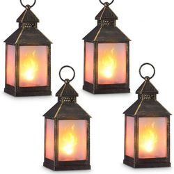 zkee 11" Vintage Style Decorative Lantern,Flame Effect LED Lantern,(Golden Brushed Black,4 Hours Timer) Indoor Lanterns Decorative,Outdoor Hanging Lan