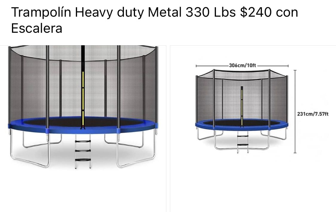Trampolín Heavy duty Metal 330 Lbs $240 con Escalera