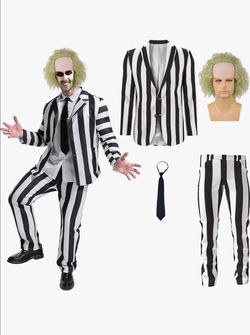Stripe Suit 4 Pcs Black & White with Wig for Halloween LARGE New Price Firm Corona92879