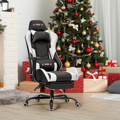 ECOTOUGE PC Massage Gaming Chair with Footrest Ergonomic Office Desk Chair Racing PU Leather Recliner Swivel Rocker with Headrest and Lumbar Pillow,Wh