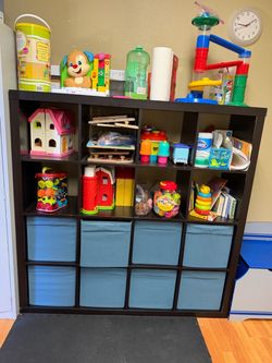 Bookcase with blue shelf bins only
