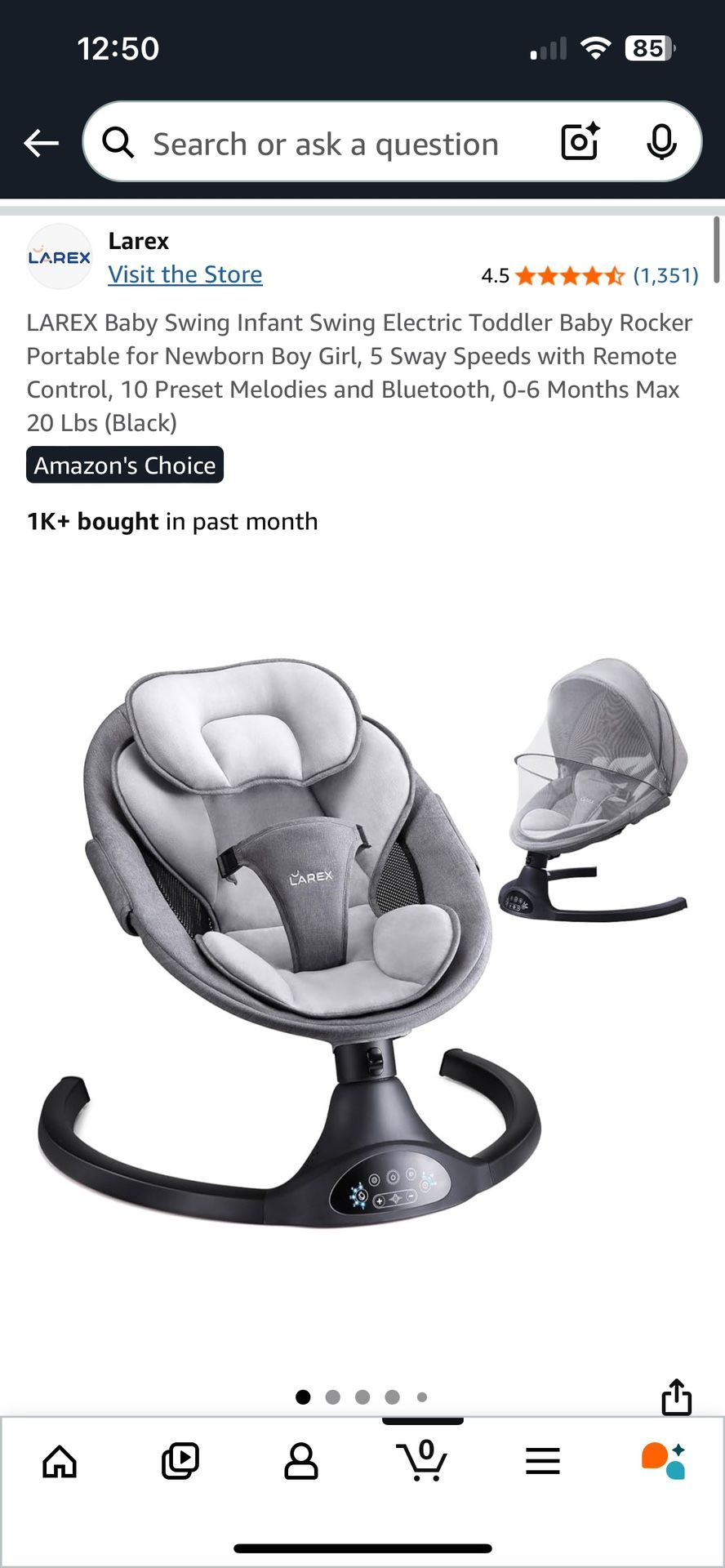 LAREX Baby Swing, Bluetooth, Music, 5 Speeds 0-6 Months, 20 Lbs Max