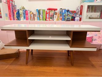 New 53” White + Walnut Mid century modern TV console Entertainment center