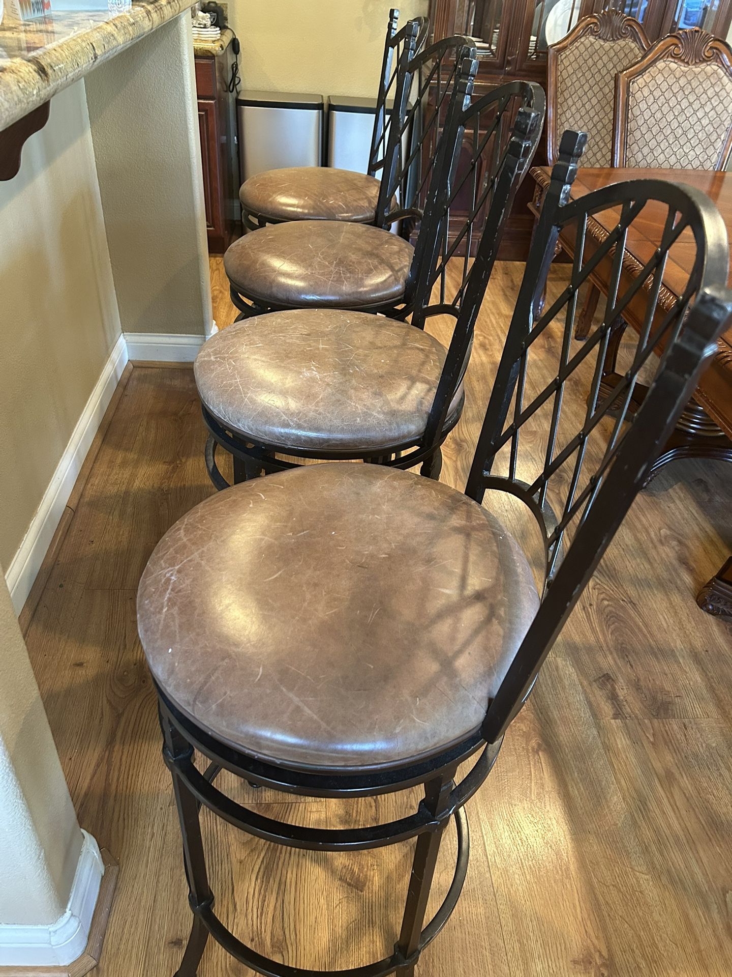4 Leather & Metal Bar Stools In Brown