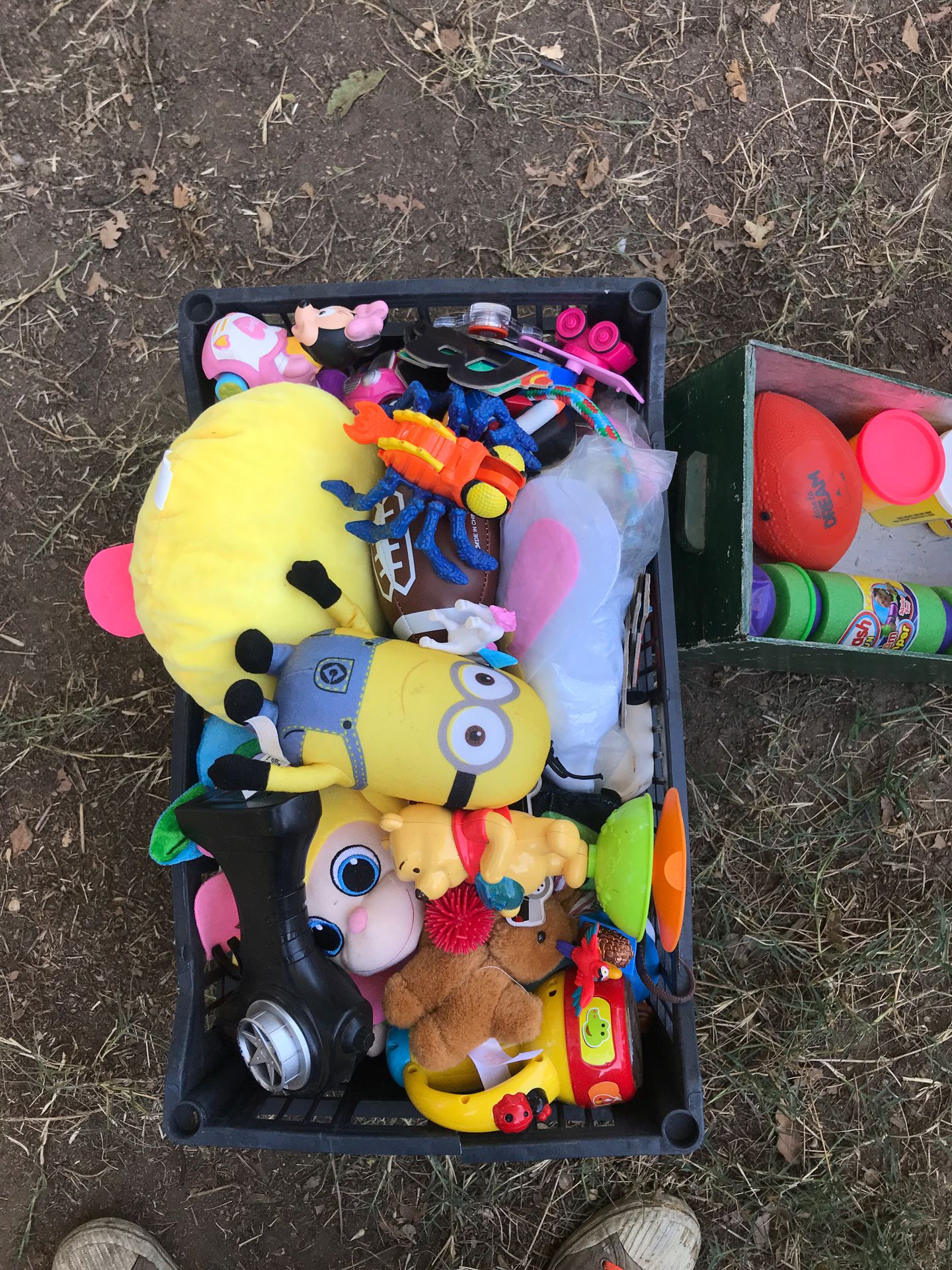 Box of kids various miscellaneous assorted random play toys stuffed animals etc