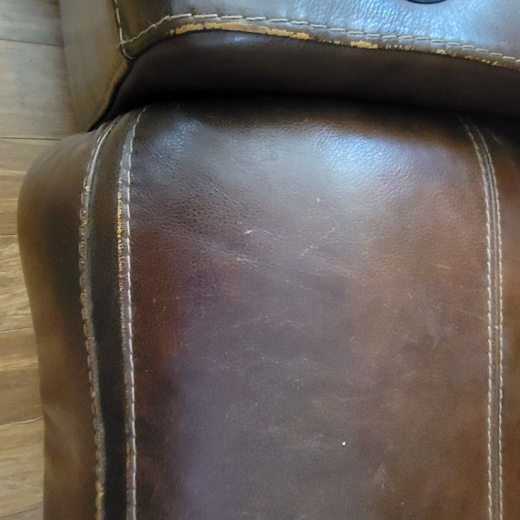 Brown Genuine Leather Reclining Sofa With Center Power Console