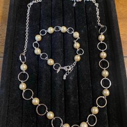 Sterling Silver And Pearl Necklace/Bracelet Set 